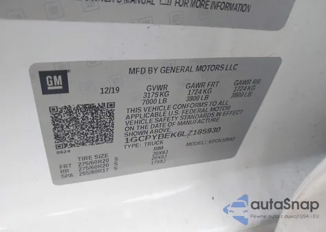 2020 Chevrolet Silverado 1500 4Wd Short Bed Custom z USA, uszkodzony, nr VIN 1GCPYBEK6LZ185930